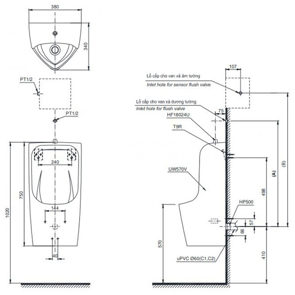 Bản vẽ kỹ thuật Bồn tiểu nam Toto UT570T#XW treo tường sứ chống bám bẩn