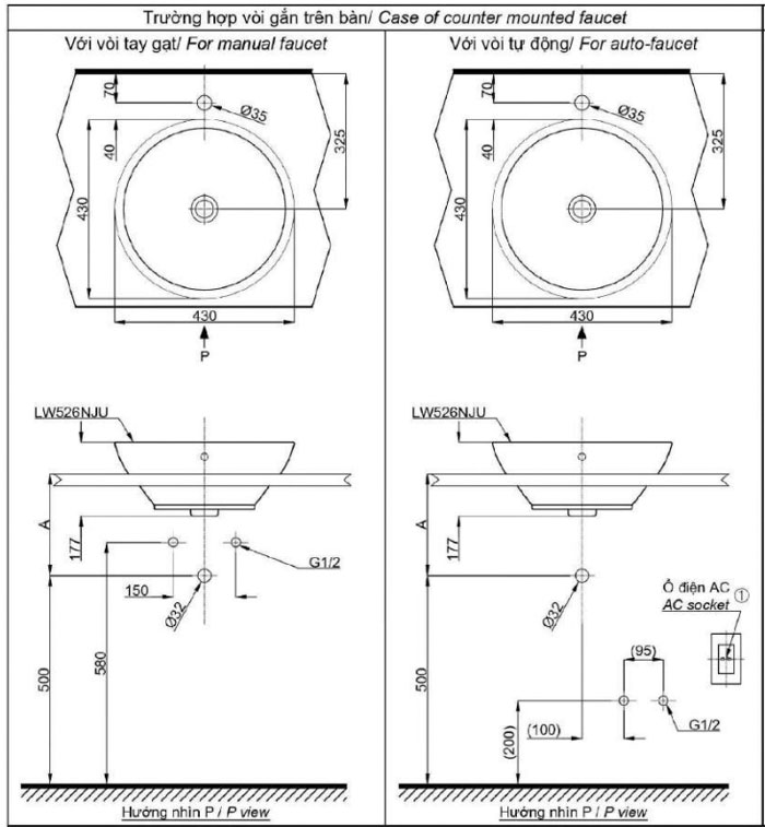 Bản vẽ kỹ thuật Lavabo chậu rửa mặt TOTO LW526NJU#W đặt bàn