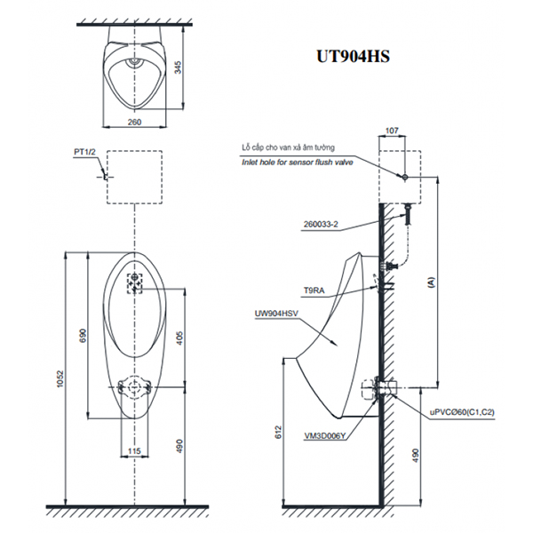 Bản vẽ kỹ thuật Bồn tiểu nam Toto UT904N treo tường: