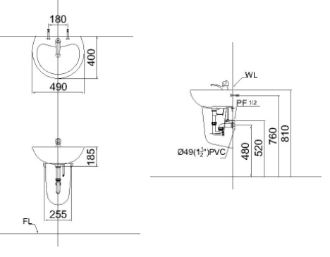 BẢn vẽ kỹ thuật Lavabo chậu rửa mặt Caesar L2150 treo tường chân ngắn