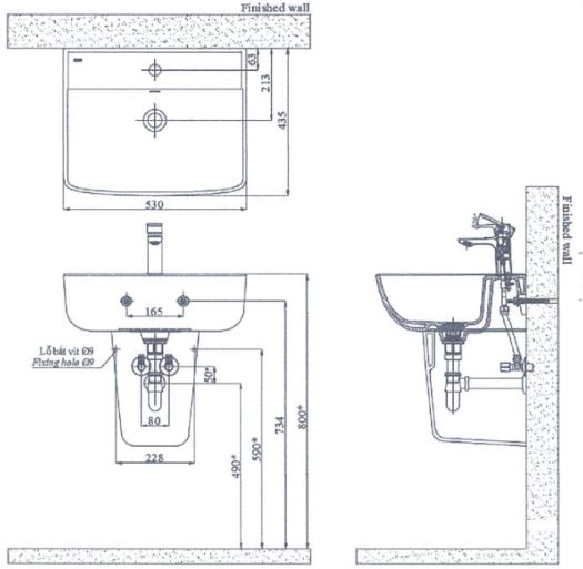 Bản vẽ kỹ thuật Lavabo chậu rửa mặt Inax L-312V treo tường chân ngắn