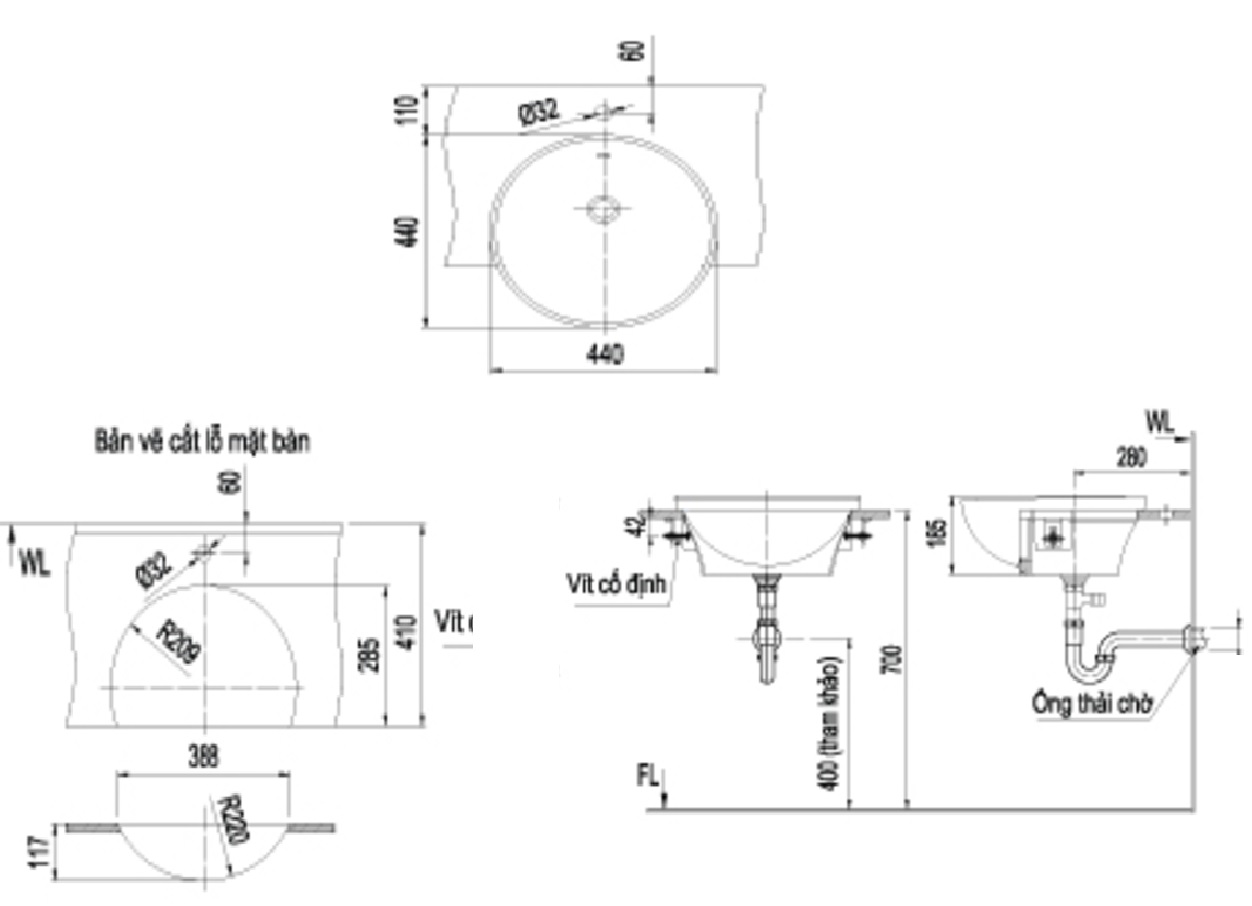 Lavabo chậu rửa mặt Inax L-333V bán âm (L333V)