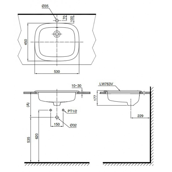 Bản vẽ kỹ thuật Lavabo chậu rửa mặt Toto L763#XW bán âm sứ chống bám bẩn