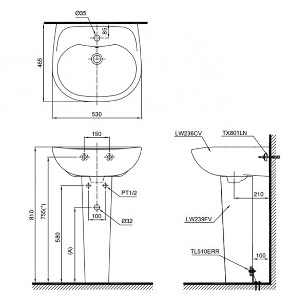 Bản vẽ kỹ thuật Lavabo chậu rửa mặt TOTO LPT236CS#W treo tường chân dài