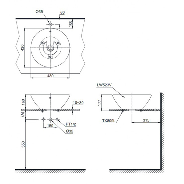 Bản vẽ kỹ thuật Lavabo chậu rửa mặt TOTO LT523S#XW đặt bàn