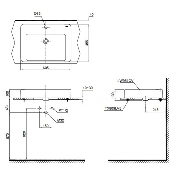 Bản vẽ kỹ thuật Lavabo chậu rửa mặt TOTO LT951C#XW đặt bàn: