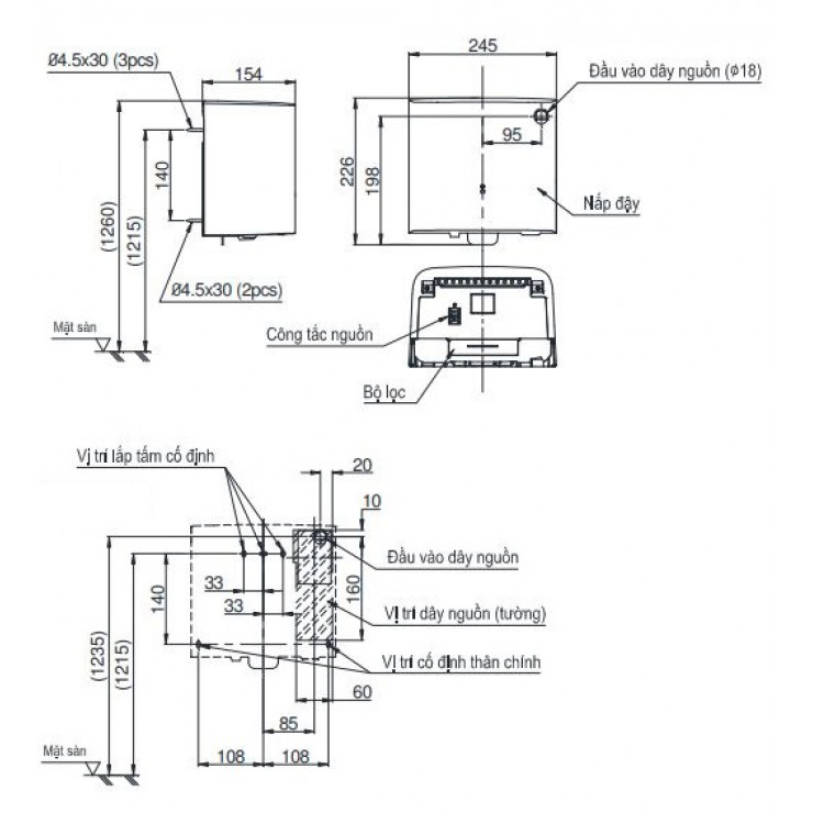 Bản vẽ kỹ thuật Máy sấy tay Toto TYC122W tốc độ cao