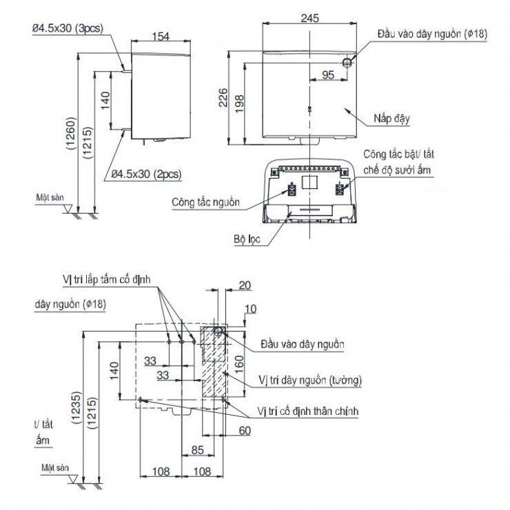 Bản vẽ kỹ thuật máy sấy tay Toto TYC322M tốc độ cao