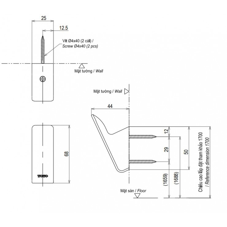 Bản vẽ kỹ thuật Móc áo Toto YRH902V