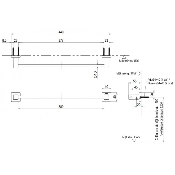 Bản vẽ kỹ thuật Thanh Vắt Khăn Toto YT408S4RV