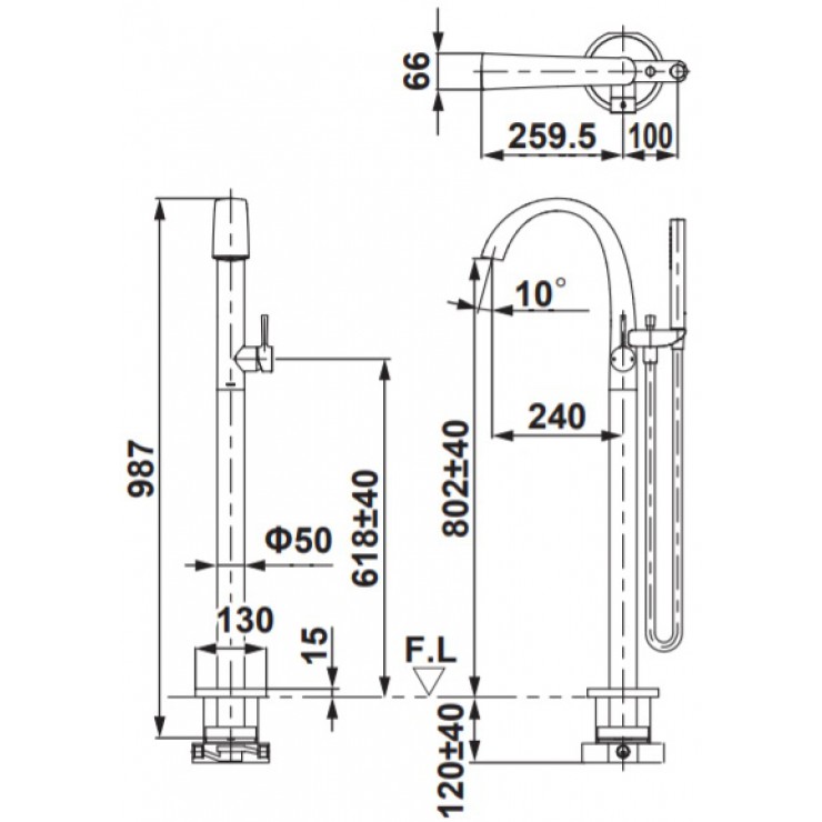 Bản vẽ kỹ thuật Vòi sen gắn bồn tắm TBP01301A#BN/TBN01105B nóng lạnh: 
