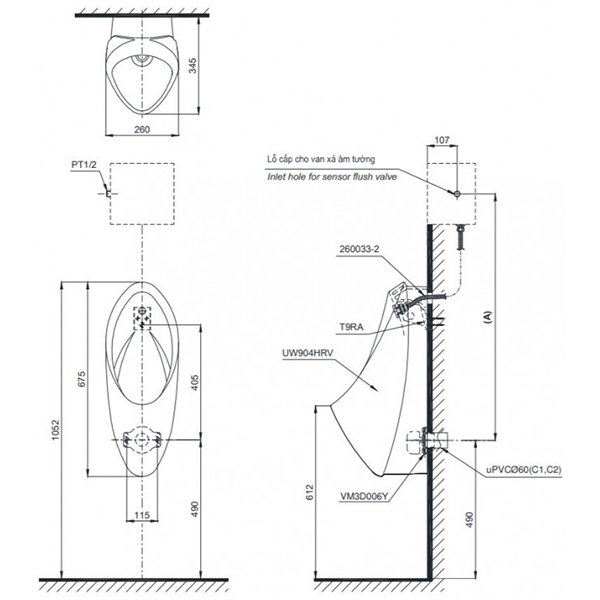 Bản vẽ kỹ thuật Bồn tiểu nam TOTO UT904R treo tường
