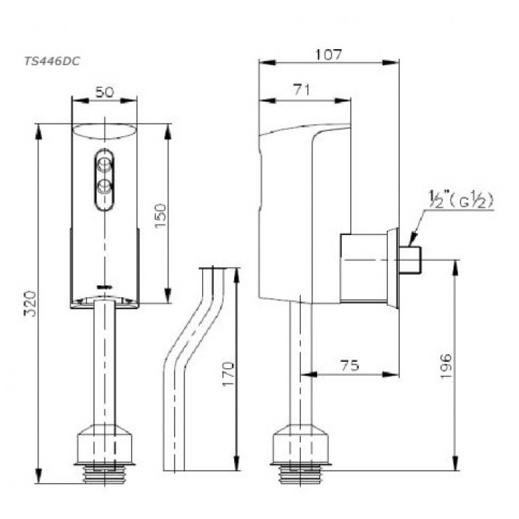 Bản vẽ kỹ thuật Xả tiểu Toto DUE137PBK cảm ứng từ