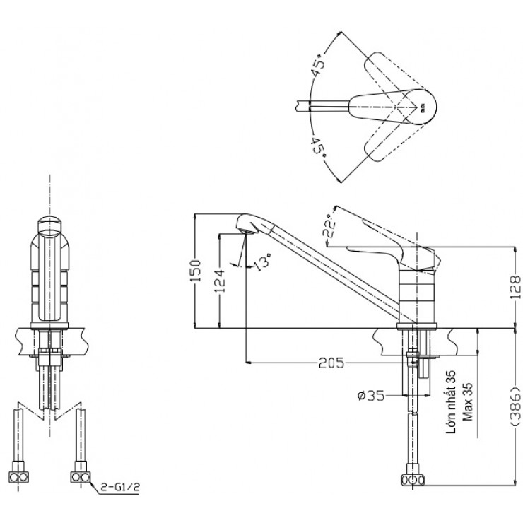 Bản vẽ kỹ thuật Vòi chậu rửa chén Toto TTKC301FV nóng lạnh