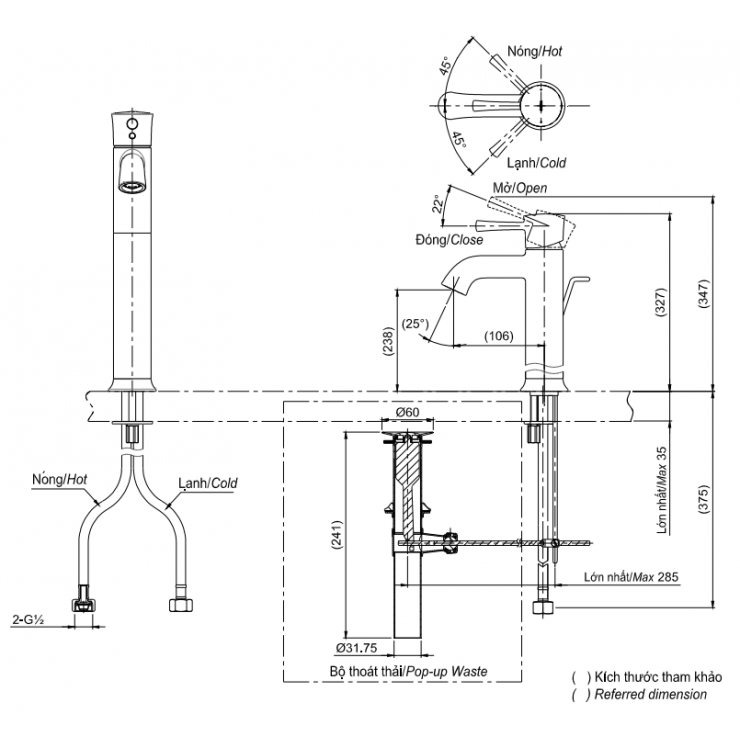Bản vẽ kỹ thuật Vòi lavabo chậu rửa mặt TOTO TLS02305V nóng lạnh cổ cao
