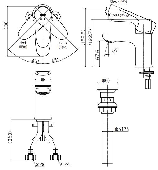 Vòi lavabo chậu rửa mặt INAX LFV-1112S nóng lạnh gật gù (LFV1112S)