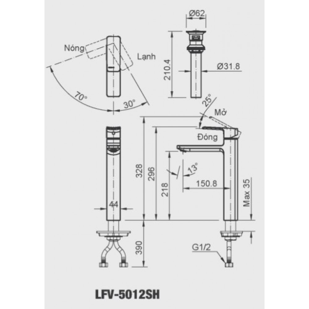 Bản vẽ kỹ thuật Vòi lavabo chậu rửa mặt Inax LFV-5012SH nóng lạnh cổ cao (LFV5012SH)