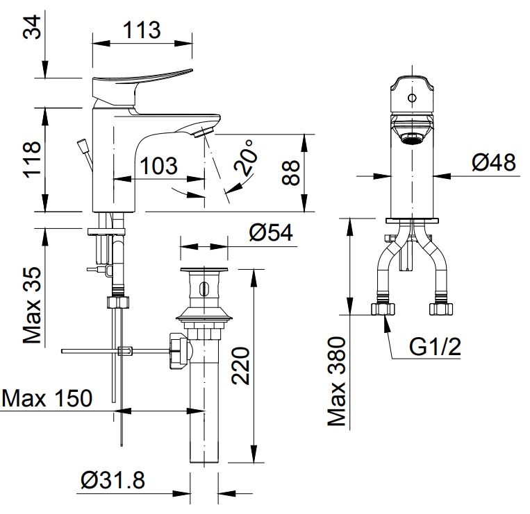 Bản vẽ kỹ thuật Vòi lavabo chậu rửa mặt INAX LFV-502S nóng lạnh gật gù (LFV502S)