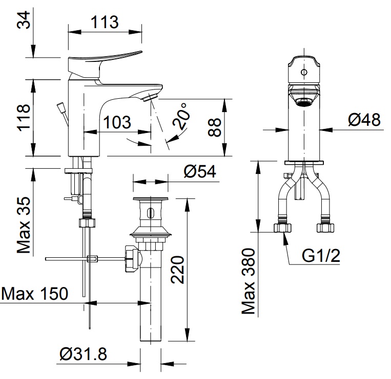 Bản vẽ kỹ thuật Vòi lavabo chậu rửa mặt Inax LFV-502S nóng lạnh gật gù (LFV502S)