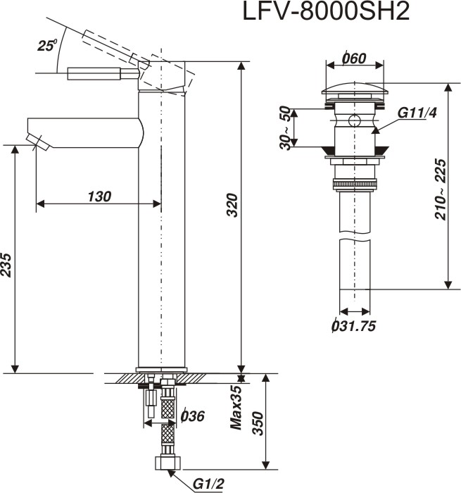 Vòi lavabo chậu rửa mặt Inax LFV-8000SH2 nóng lạnh cổ cao (LFV8000SH2 )