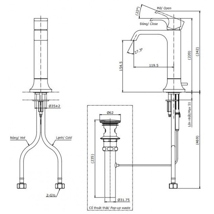Bản vẽ kỹ thuật Vòi lavabo chậu rửa mặt TOTO TLG08303V nóng lạnh