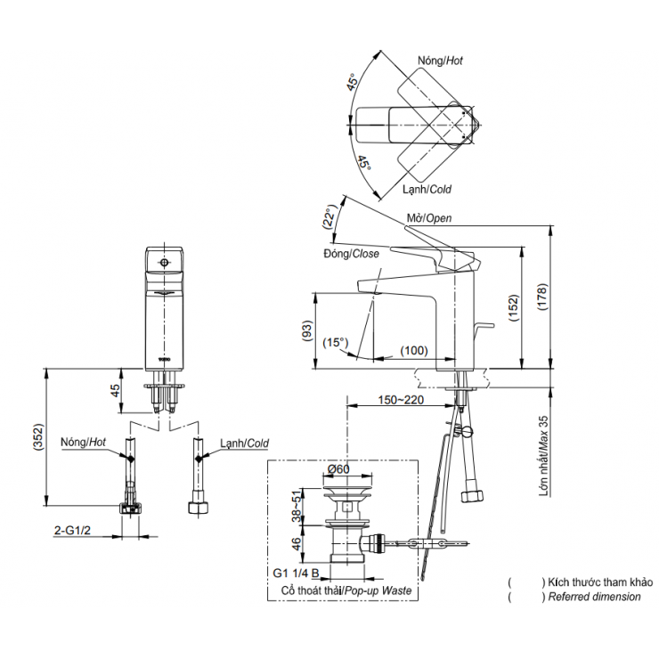 Bản vẽ kỹ thuật Vòi lavabo chậu rửa mặt TOTO TVLM108RU nóng lạnh