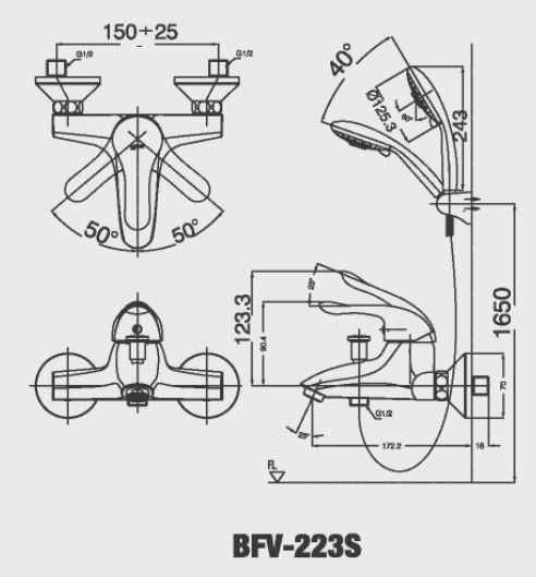 Bản vẽ kỹ thuật Vòi sen tắm nóng lạnh Inax BFV-223S (BFV223S)