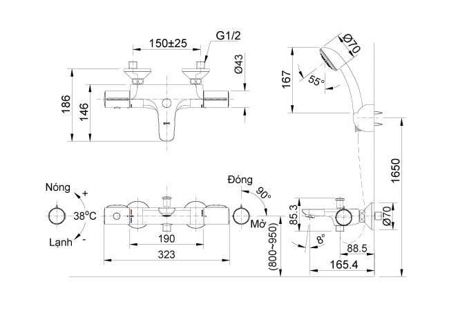 Bản vẽ kỹ thuật Vòi sen tắm nóng lạnh INAX BFV-3413T-3C tự động tay sen đa chức năng (BFV3413T-3C)