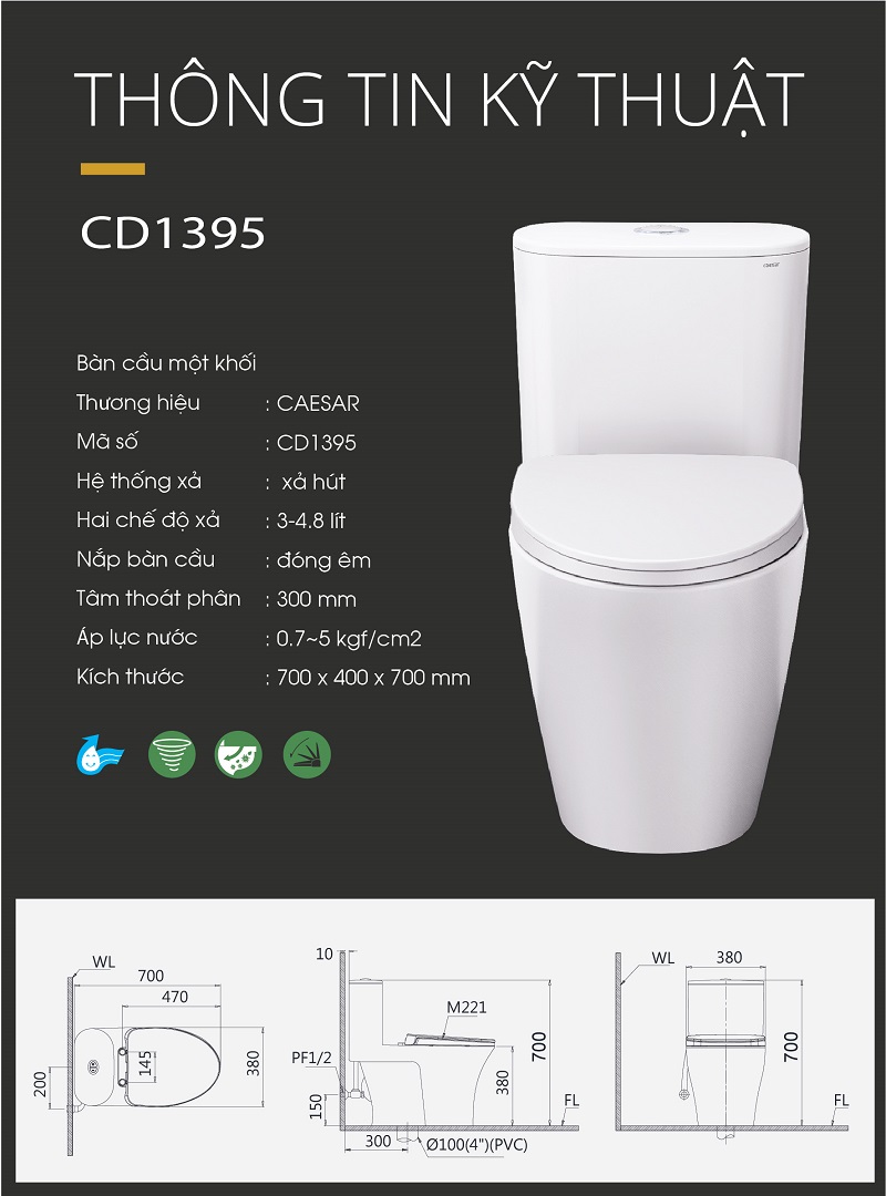 Bồn cầu 1 khối Caesar CD1395