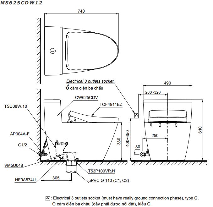 Bản vẽ Bồn cầu 1 khối TOTO MS823CDRW12#XW nắp rửa S7 - TCF4911EZ