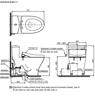 Bản vẽ Bồn cầu 1 khối TOTO MS885DW11 nắp rửa S7 - TCF4911Z