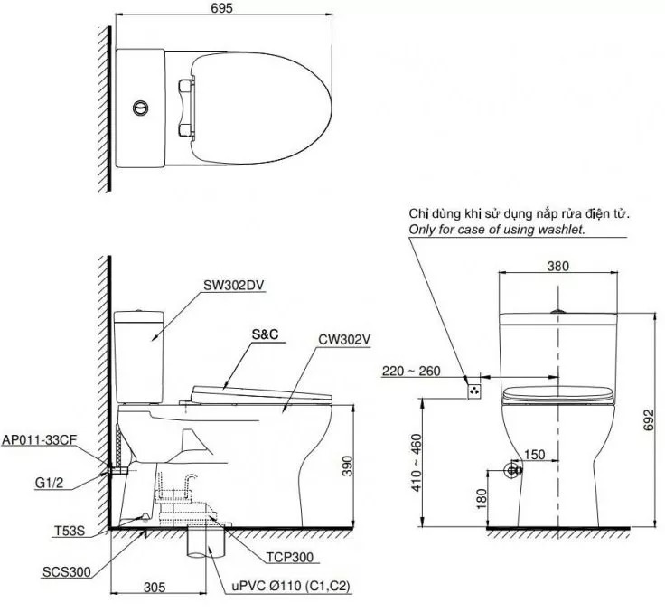 Bản vẽ kỹ thuật Bồn cầu 2 khối Toto CS302DE4#W nắp rửa TCW1211A