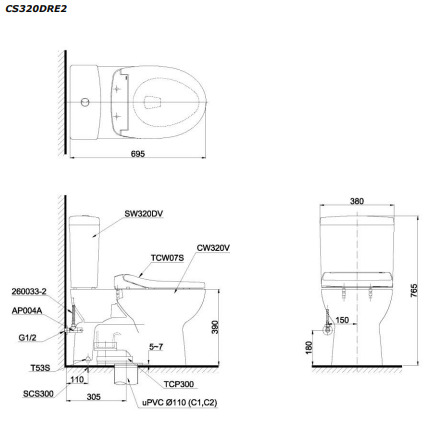 Bản vẽ kỹ thuật Bồn cầu 2 khối Toto CS320DRE2 nắp rửa TCW07S