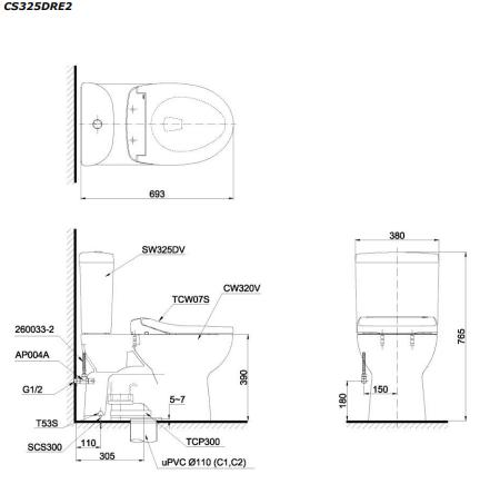 Bản vẽ kỹ thuật Bồn cầu 2 khối Toto CS325DRE2 nắp rửa TCW07S