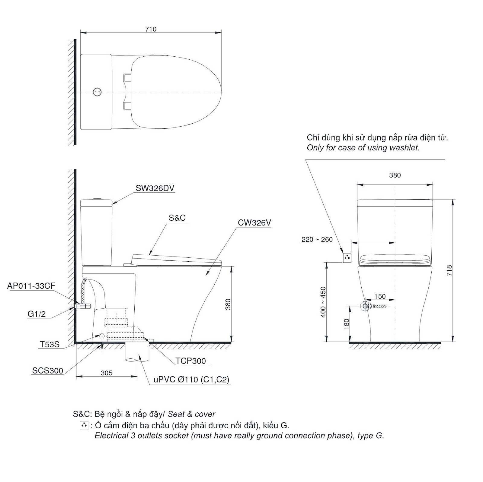 Bản vẽ kỹ thuật Bồn cầu 2 khối TOTO CS326DW16#XW nắp rửa C2 - TCF23410AAA.