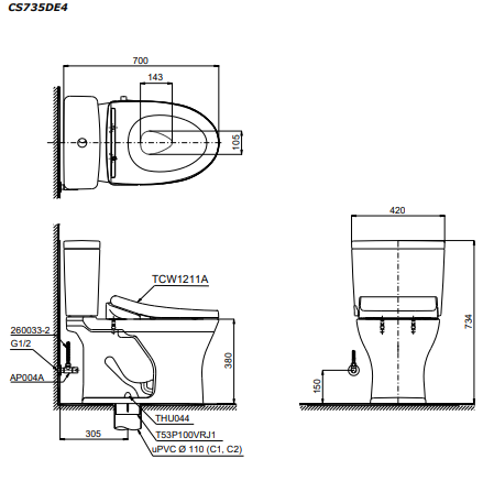 Bản vẽ kỹ thuật Bồn cầu 2 khối TOTO CS735DE4 nắp rửa TCW1211A