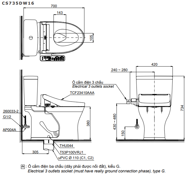 Bồn cầu 2 khối TOTO CS735DW16 nắp rửa C2 - TCF23410AAA