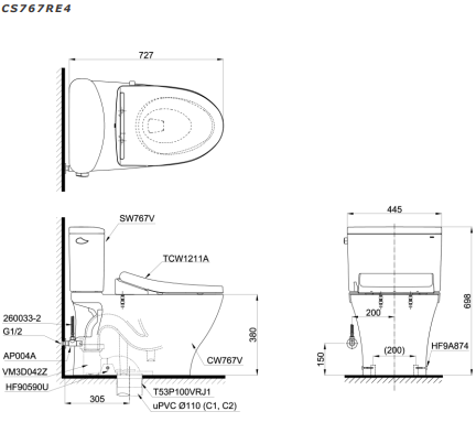 Bản vẽ kỹ thuật Bồn cầu 2 khối TOTO CS767RE4 nắp rửa TCW1211A