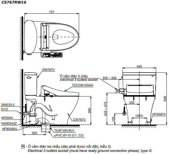 Bản vẽ kỹ thuật Bồn cầu 2 khối TOTO CS767RW16 nắp rửa C2 - TCF23410AAA