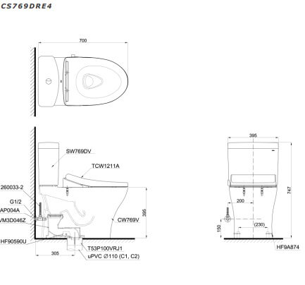 Bản vẽ kỹ thuật Bồn cầu 2 khối TOTO CS769DRE4 nắp rửa TCW1211A