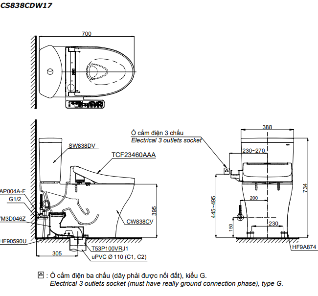 Bản vẽ kỹ thuật Bồn cầu 2 khối TOTO CS838CDW17 nắp rửa C2 - TCF23460AAA
