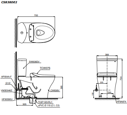 Bản vẽ kỹ thuật Bồn cầu 2 khối TOTO CS838DE2 nắp rửa TCW07S