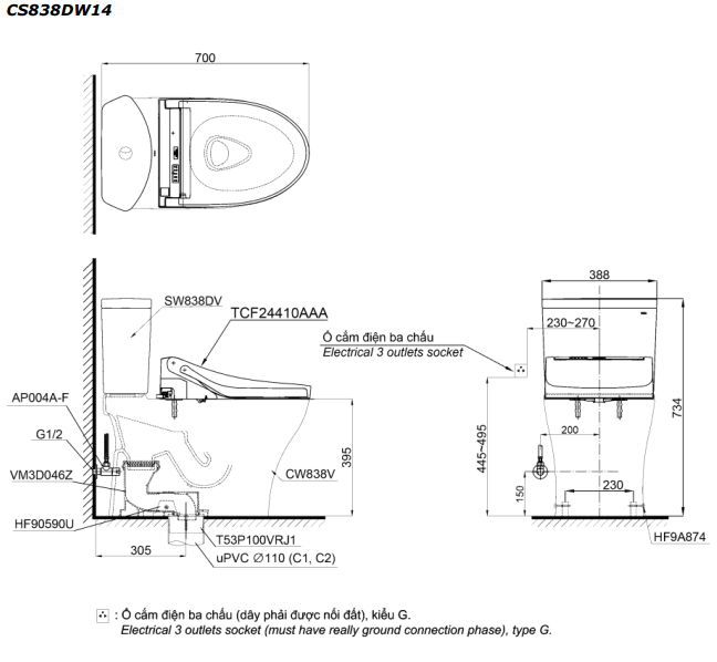 Bản vẽ Bồn cầu 2 khối TOTO CS838DW14 nắp rửa C5 - TCF24410AAA