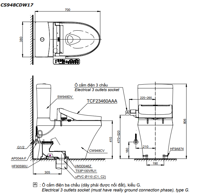 Bản vẽ kỹ thuật Bồn cầu 2 khối TOTO CS948CDW17 nắp rửa C2 - TCF23460AAA