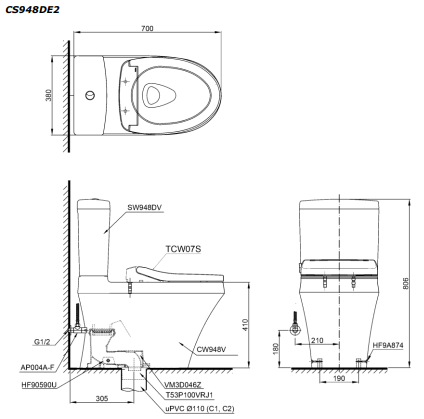 Bản vẽ kỹ thuật Bồn cầu 2 khối TOTO CS948DE2 nắp rửa TCW07S