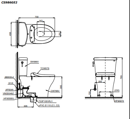 Bản vẽ kỹ thuật Bồn cầu 2 khối TOTO CS986GE2 nắp rửa TCW07S