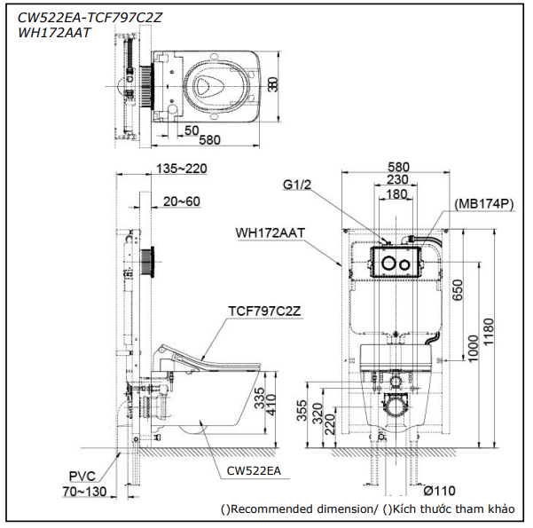 Bản vẽ kỹ thuật Bồn cầu treo tường Toto CW522EA nắp rửa điện tử TCF797C2Z WH172AAT