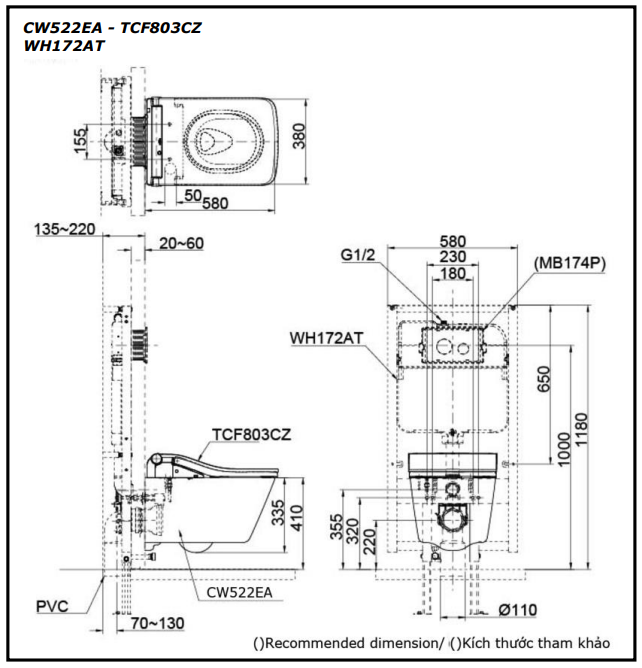 Bản vẽ kỹ thuật Bồn cầu treo tường Toto CW522EA nắp rửa điện tử TCF803CZ WH172AT