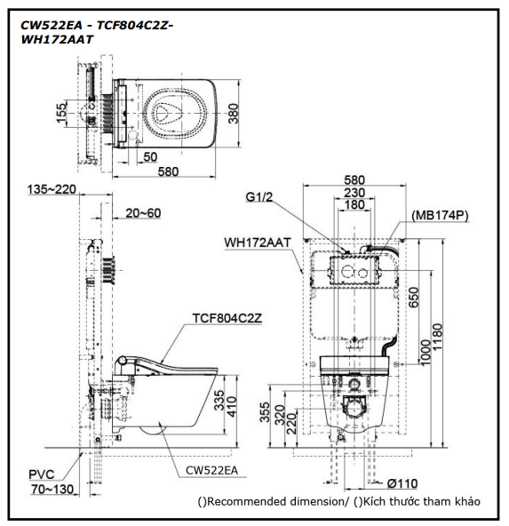 Bản vẽ kỹ thuật Bồn cầu treo tường Toto CW522EA nắp rửa điện tử TCF804C2Z WH172AAT