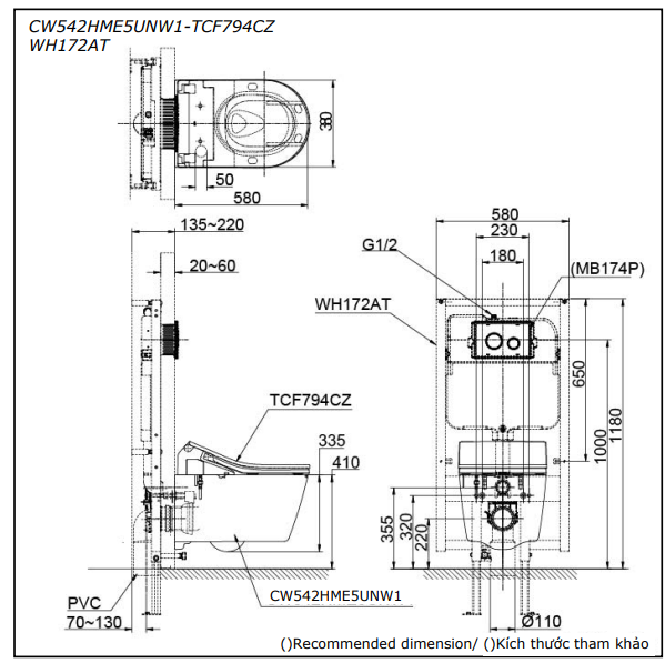 Bản vẽ kỹ thuật Bồn cầu treo tường Toto CW542HME5UNW1 nắp rửa điện tử TCF794CZ#NW1 WH172AT